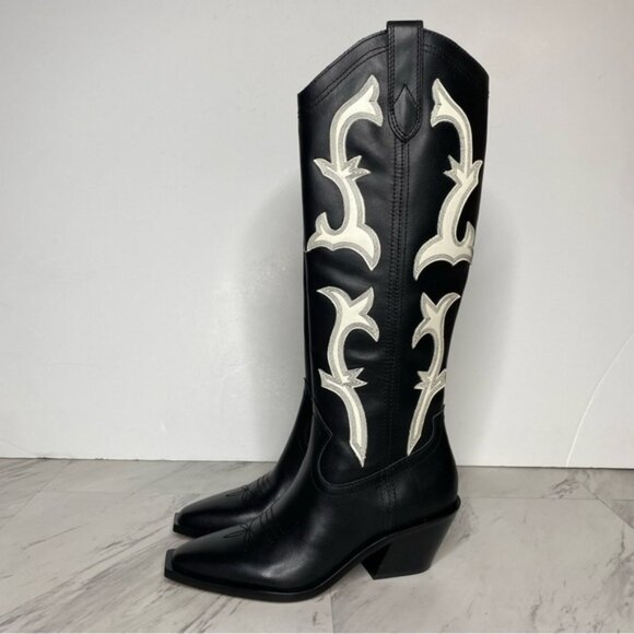 New! Dolce Vita Samare Black White Leather Tall Western Boot 5 - Picture 15 of 15